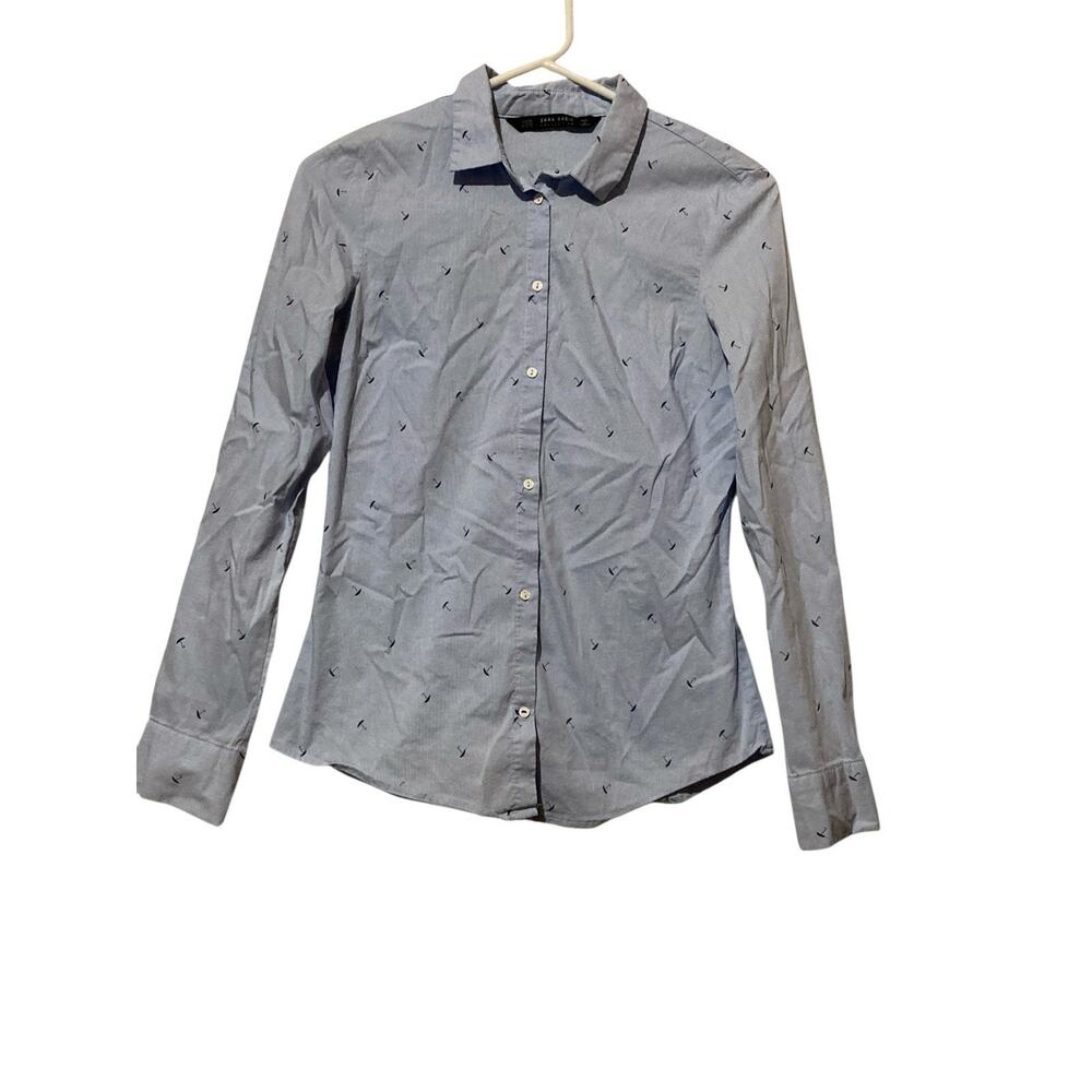 Zara All Over Print Button Up Blouse Women’s Size XS Blue Pinstripe Umbrellas